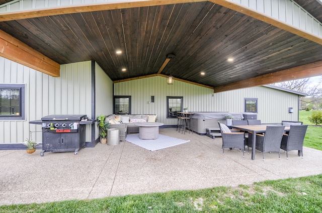 view of patio with a hot tub, an outdoor living space, a grill, and outdoor dining area
