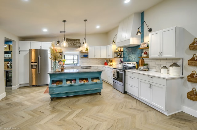 kitchen featuring open shelves, white cabinetry, appliances with stainless steel finishes, decorative backsplash, and custom exhaust hood