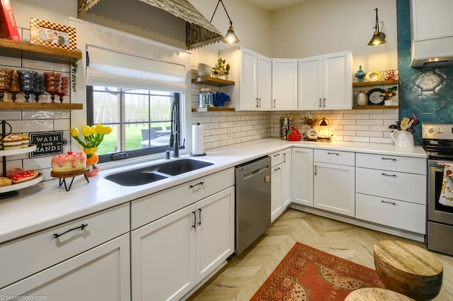 kitchen with open shelves, stainless steel appliances, white cabinets, and a sink