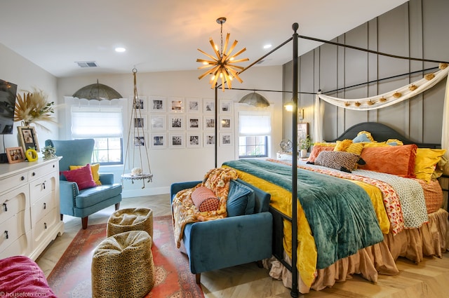 bedroom featuring multiple windows, a notable chandelier, recessed lighting, and visible vents