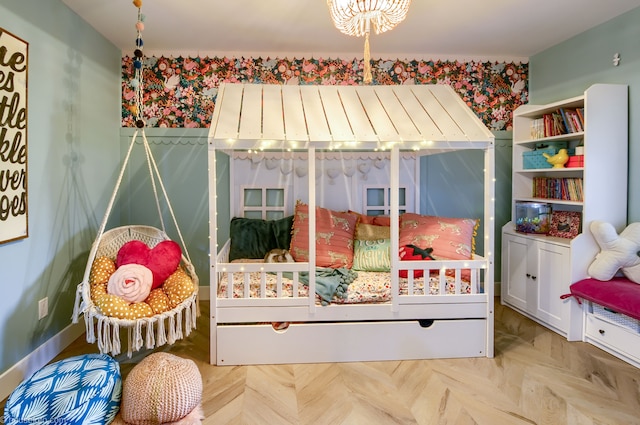 bedroom featuring wallpapered walls
