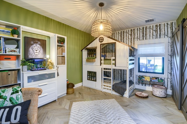 living room with visible vents, baseboards, and a notable chandelier