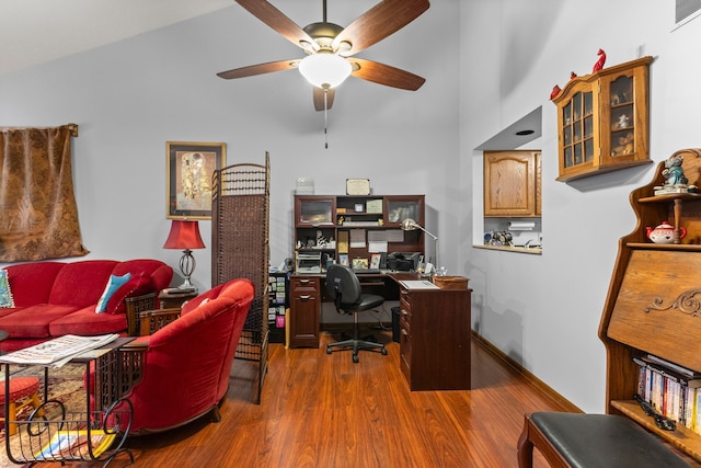 26901 Ann Arbor Trl, Dearborn Heights, MI 48127 - office with ceiling fan, wood finished floors, and high vaulted ceiling