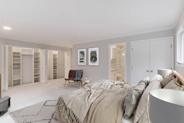 bedroom with ornamental molding, connected bathroom, multiple closets, and carpet flooring