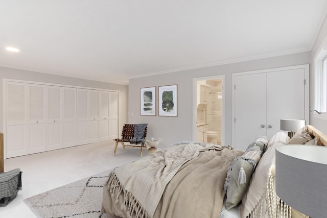 bedroom with crown molding, a closet, carpet flooring, and connected bathroom