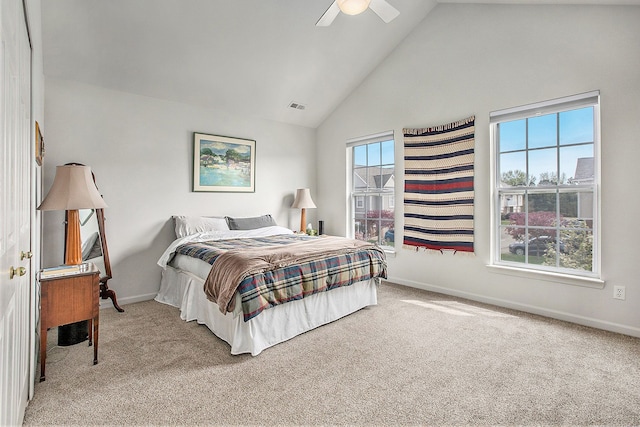 7200 Addington Dr, Commerce Twp, MI 48390 - bedroom with baseboards, visible vents, carpet floors, and high vaulted ceiling