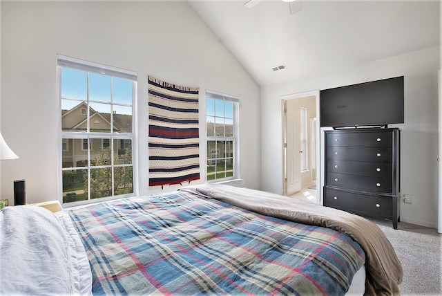 7200 Addington Dr, Commerce Twp, MI 48390 - carpeted bedroom with connected bathroom, high vaulted ceiling, and visible vents