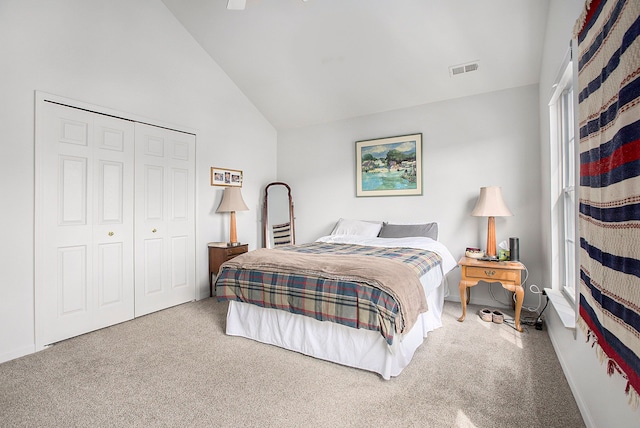 7200 Addington Dr, Commerce Twp, MI 48390 - bedroom featuring carpet flooring, a closet, visible vents, and vaulted ceiling