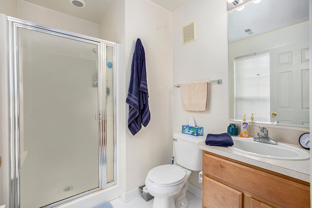 7200 Addington Dr, Commerce Twp, MI 48390 - bathroom featuring toilet, a stall shower, visible vents, tile patterned flooring, and vanity