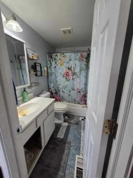 18664 Bradstreet Rd, Hudson, MI 49247 - full bath with vanity, shower / tub combo, toilet, and visible vents