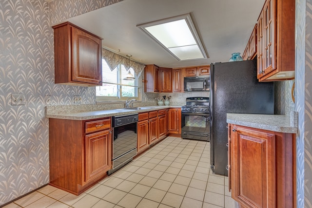 1471 Ledgewood Dr, Canton, MI 48188 - kitchen featuring wallpapered walls, black appliances, a sink, light countertops, and brown cabinetry