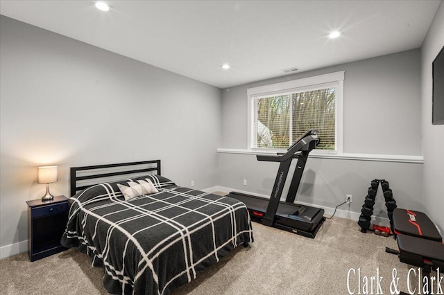 carpeted bedroom with baseboards and recessed lighting