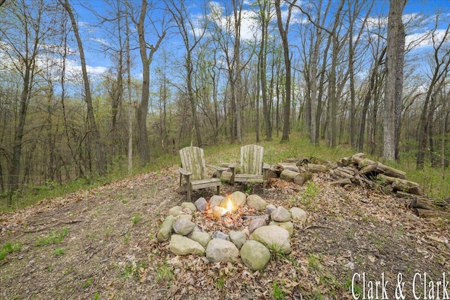 view of yard with a view of trees and an outdoor fire pit