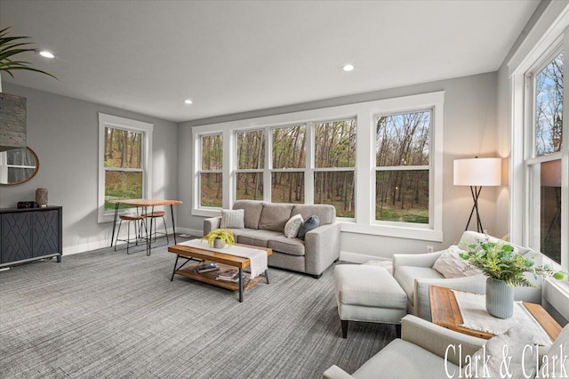 living area featuring carpet flooring, recessed lighting, and baseboards