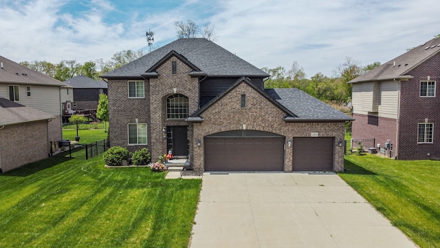 12474 Clinton River Rd, Sterling Heights, MI 48313 - french country home featuring brick siding, a garage, driveway, and roof with shingles
