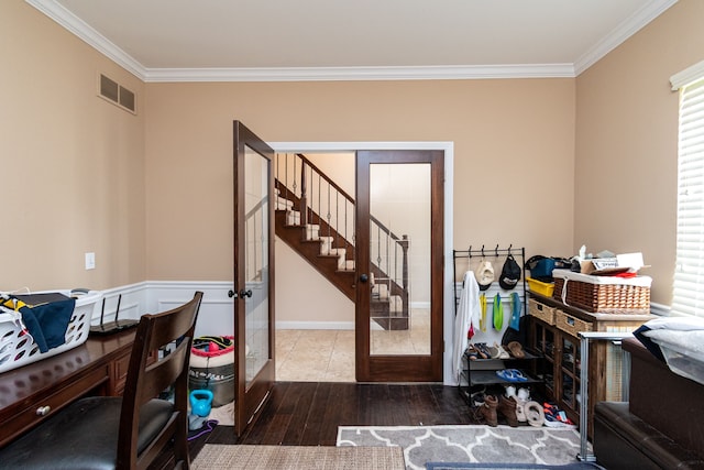 12474 Clinton River Rd, Sterling Heights, MI 48313 - office area with crown molding, wood finished floors, and french doors