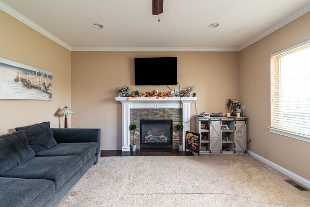 12474 Clinton River Rd, Sterling Heights, MI 48313 - living room featuring a stone fireplace, ornamental molding, carpet floors, baseboards, and recessed lighting