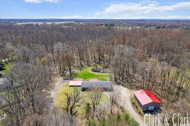 birds eye view of property featuring a forest view