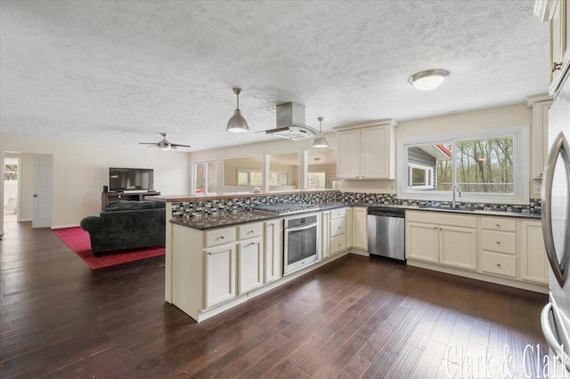 kitchen featuring cream cabinetry, stainless steel appliances, a peninsula, and island range hood