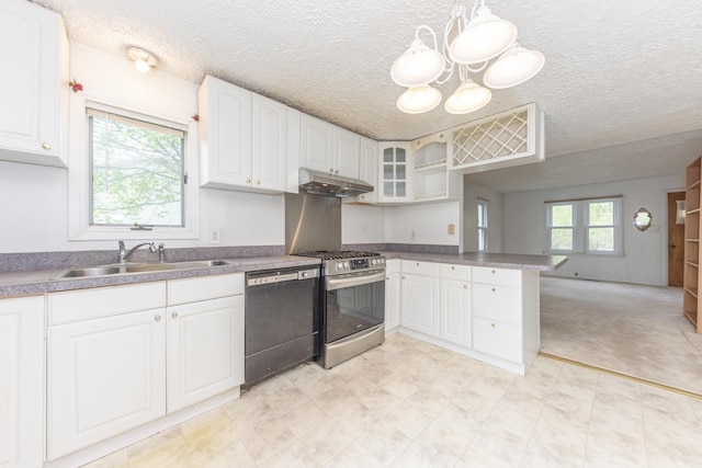 kitchen with a notable chandelier, a sink, gas stove, dishwasher, and under cabinet range hood
