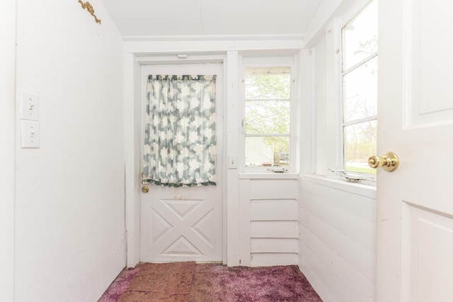 doorway to outside with carpet floors