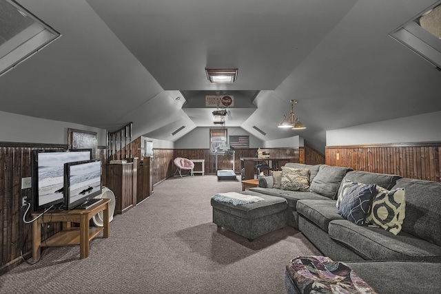 37 N Monroe St, Coldwater, MI 49036 - home theater room with lofted ceiling, wooden walls, carpet flooring, and a wainscoted wall
