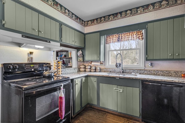 9875 Rountree Rd, Hanover, MI 49241 - kitchen with dark wood-style flooring, green cabinetry, under cabinet range hood, a sink, and black appliances