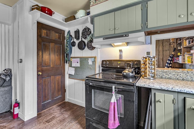 9875 Rountree Rd, Hanover, MI 49241 - kitchen with black / electric stove, light stone countertops, under cabinet range hood, and dark wood-type flooring