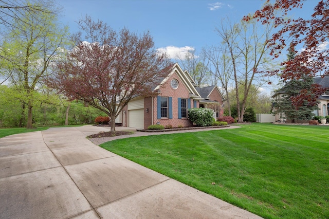 view of front of house with concrete driveway, brick siding, a garage, and a front lawn