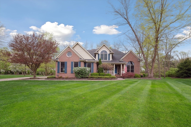 view of front facade with a front yard, brick siding, and covered porch