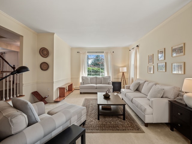 living room featuring light colored carpet, stairs, a baseboard radiator, and ornamental molding