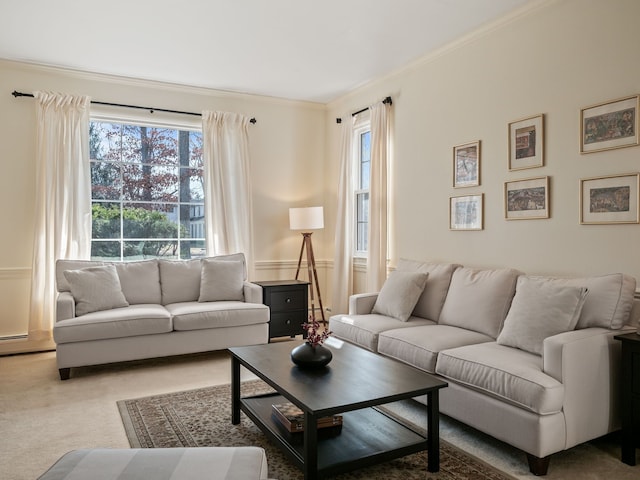 carpeted living area featuring crown molding and a wealth of natural light