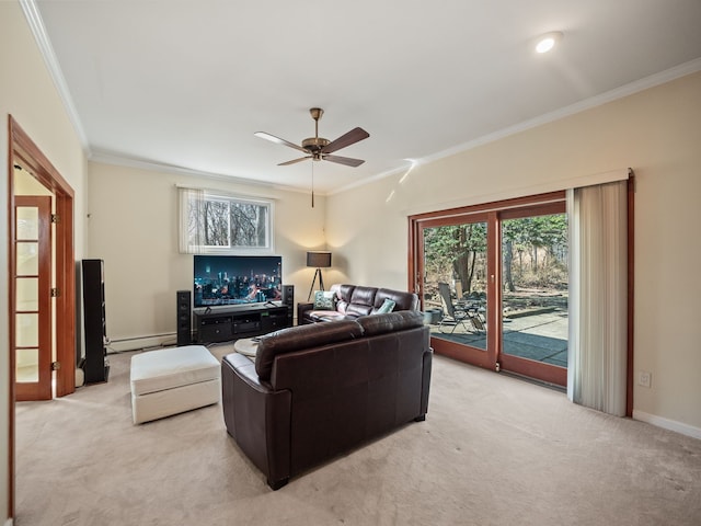 living area featuring ornamental molding, light carpet, and a baseboard heating unit