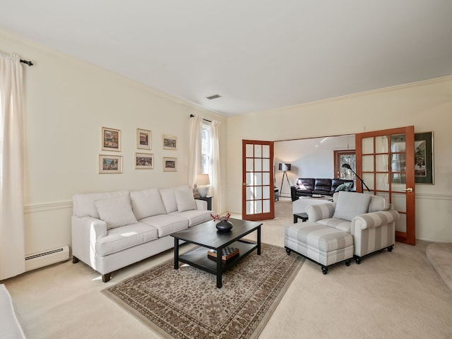 living area featuring light carpet, french doors, a baseboard heating unit, and ornamental molding