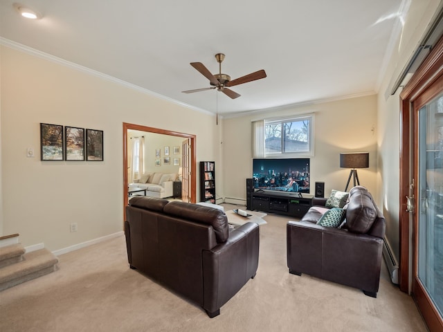 living room featuring a ceiling fan, crown molding, baseboards, light carpet, and a baseboard radiator