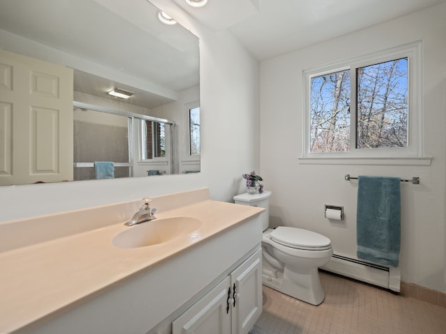 full bath with toilet, tile patterned floors, a shower stall, baseboard heating, and vanity