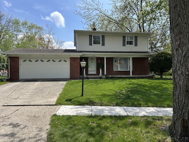 traditional-style house featuring an attached garage, covered porch, a front lawn, brick siding, and driveway