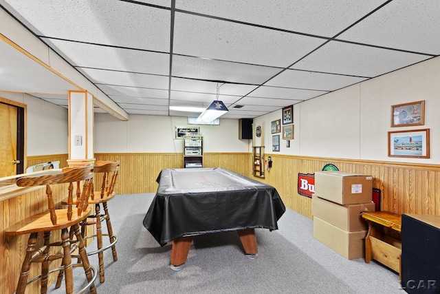 1402 Westhaven Blvd, Tecumseh, MI 49286 - game room with a wainscoted wall, pool table, a drop ceiling, carpet flooring, and bar area
