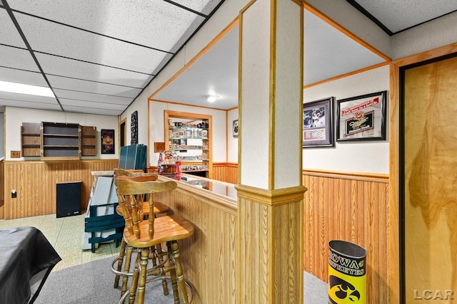 1402 Westhaven Blvd, Tecumseh, MI 49286 - indoor dry bar featuring a wainscoted wall, carpet floors, and wooden walls