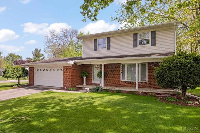 1402 Westhaven Blvd, Tecumseh, MI 49286 - traditional home with concrete driveway, an attached garage, brick siding, and a front lawn