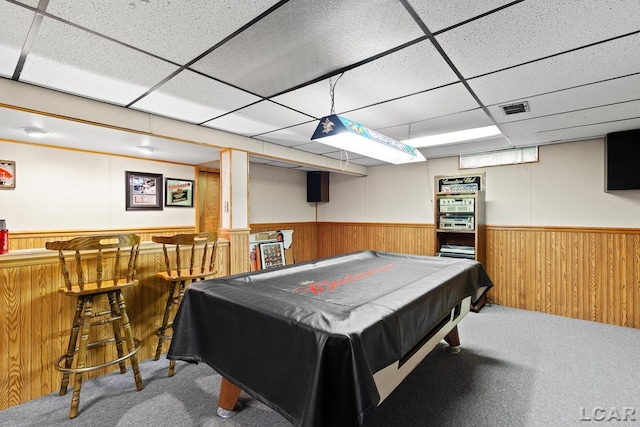 1402 Westhaven Blvd, Tecumseh, MI 49286 - recreation room featuring a bar, carpet, a wainscoted wall, a paneled ceiling, and billiards