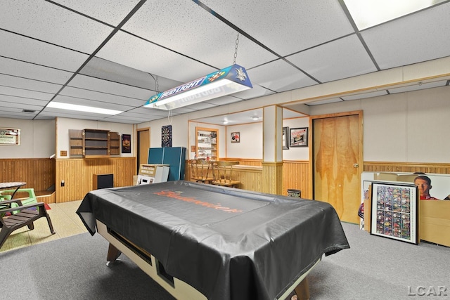 1402 Westhaven Blvd, Tecumseh, MI 49286 - playroom featuring a drop ceiling, wainscoting, carpet floors, billiards, and wood walls