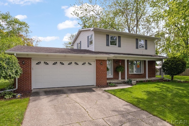 1402 Westhaven Blvd, Tecumseh, MI 49286 - view of front of property with brick siding, concrete driveway, an attached garage, a front lawn, and a porch