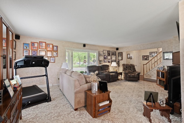 1402 Westhaven Blvd, Tecumseh, MI 49286 - carpeted living area featuring stairs and baseboards