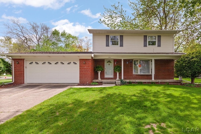 1402 Westhaven Blvd, Tecumseh, MI 49286 - traditional-style house with brick siding, concrete driveway, an attached garage, and a front lawn
