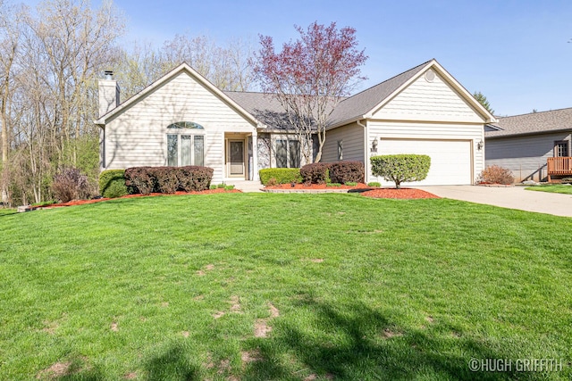 ranch-style home with a chimney, driveway, a front yard, and a garage