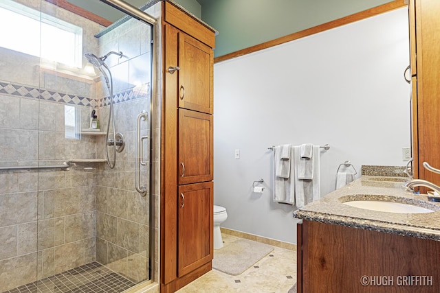 bathroom featuring a shower stall, toilet, and a sink