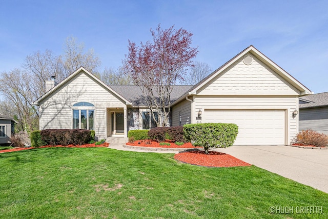 ranch-style house with a front lawn, concrete driveway, a chimney, and a garage