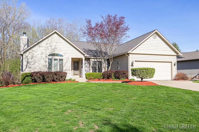 ranch-style house with a chimney, a front yard, a garage, and driveway