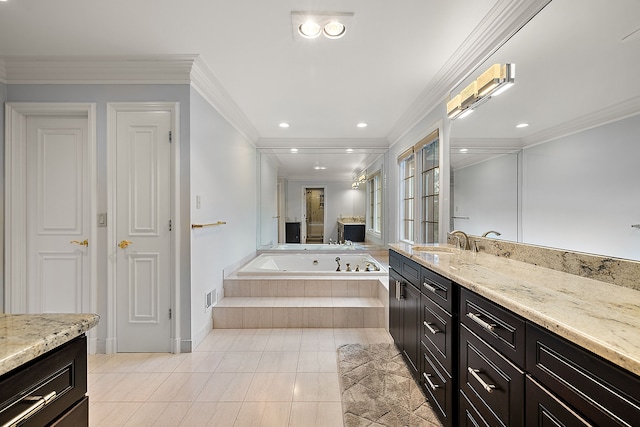 full bath with crown molding, a bath, visible vents, vanity, and recessed lighting